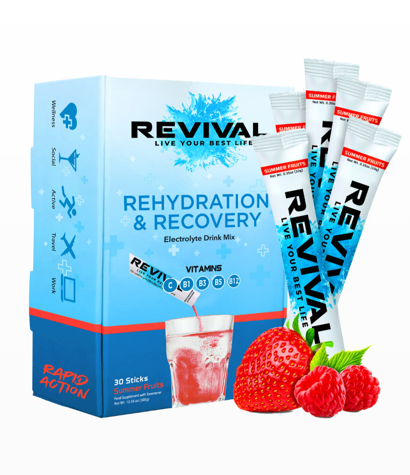 Revival 30 pack hydration product with stick packs and fruit