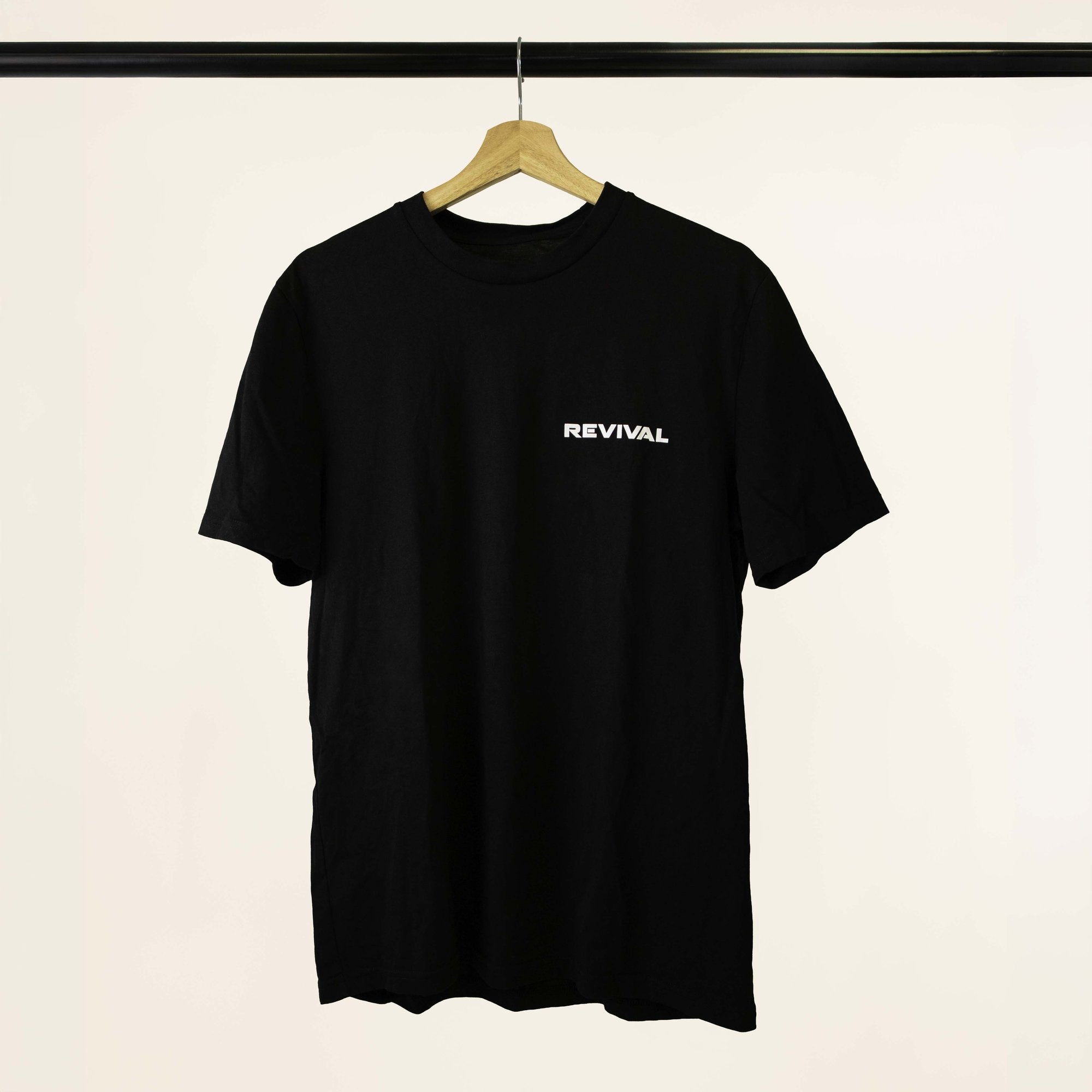 Revival black T-shirt, front view with white chest logo