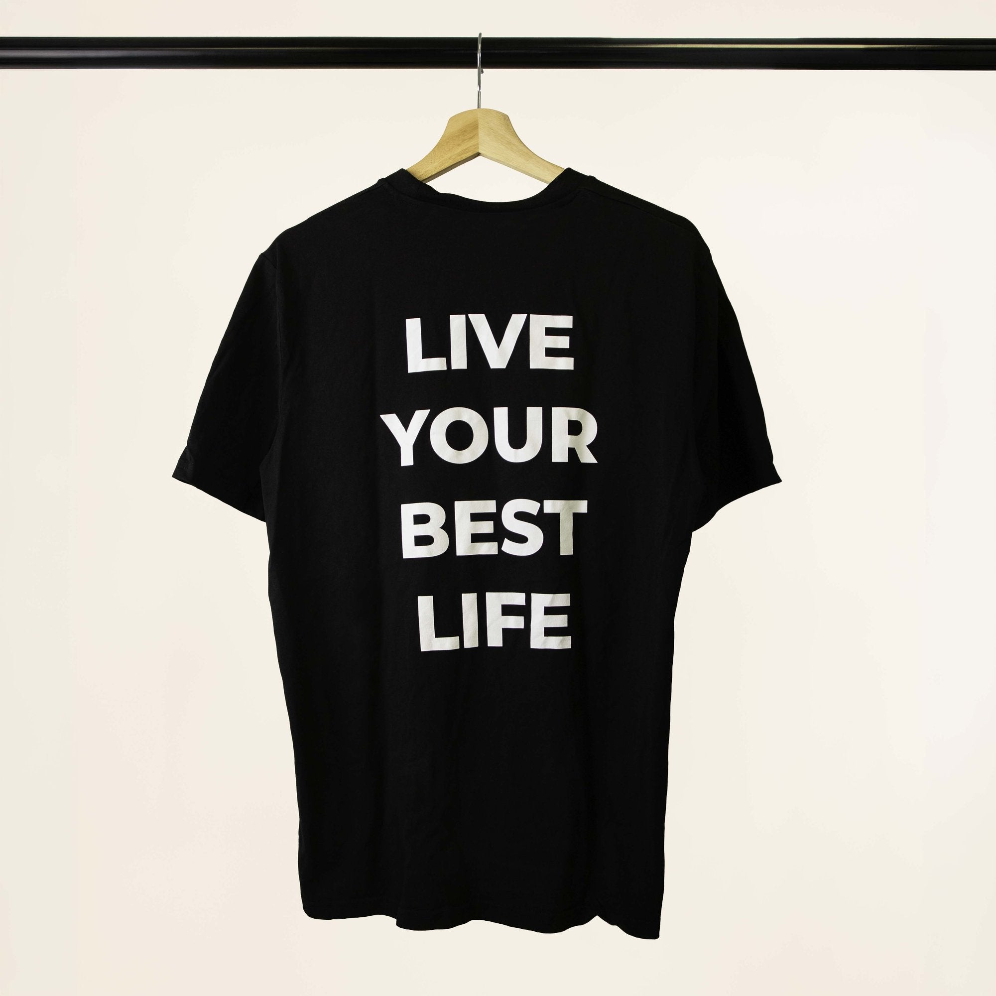 Revival black T-shirt, back view with Live Your Best Life print